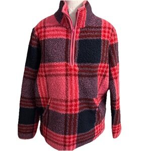 Wrangler Retro Sweater Women's S Pink Plaid Sherpa Fleece 1/4 Zip